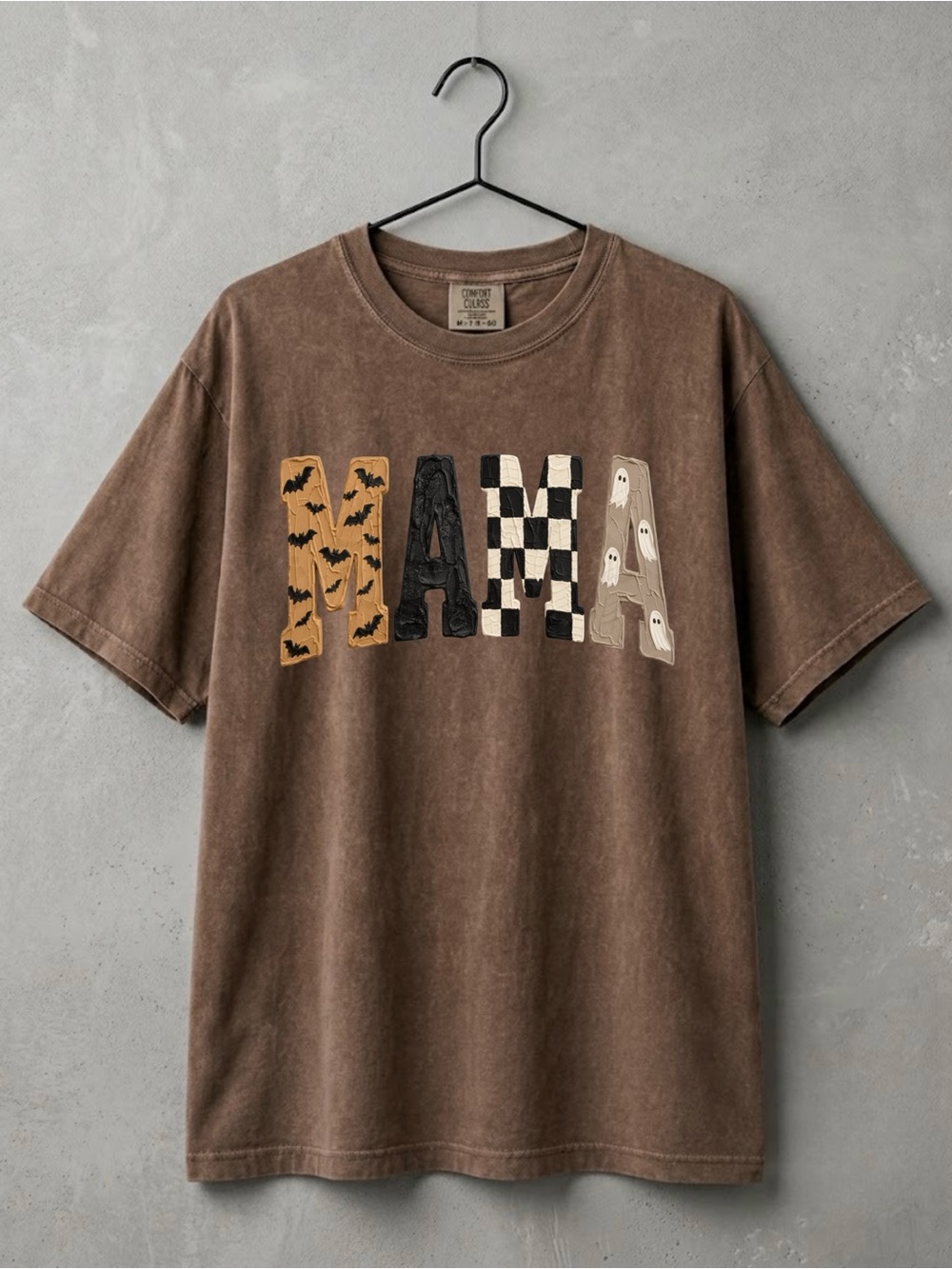 Spooky Mama Bats Checkerboard Ghosts Brown Aesthetic Comfort Colors Tee